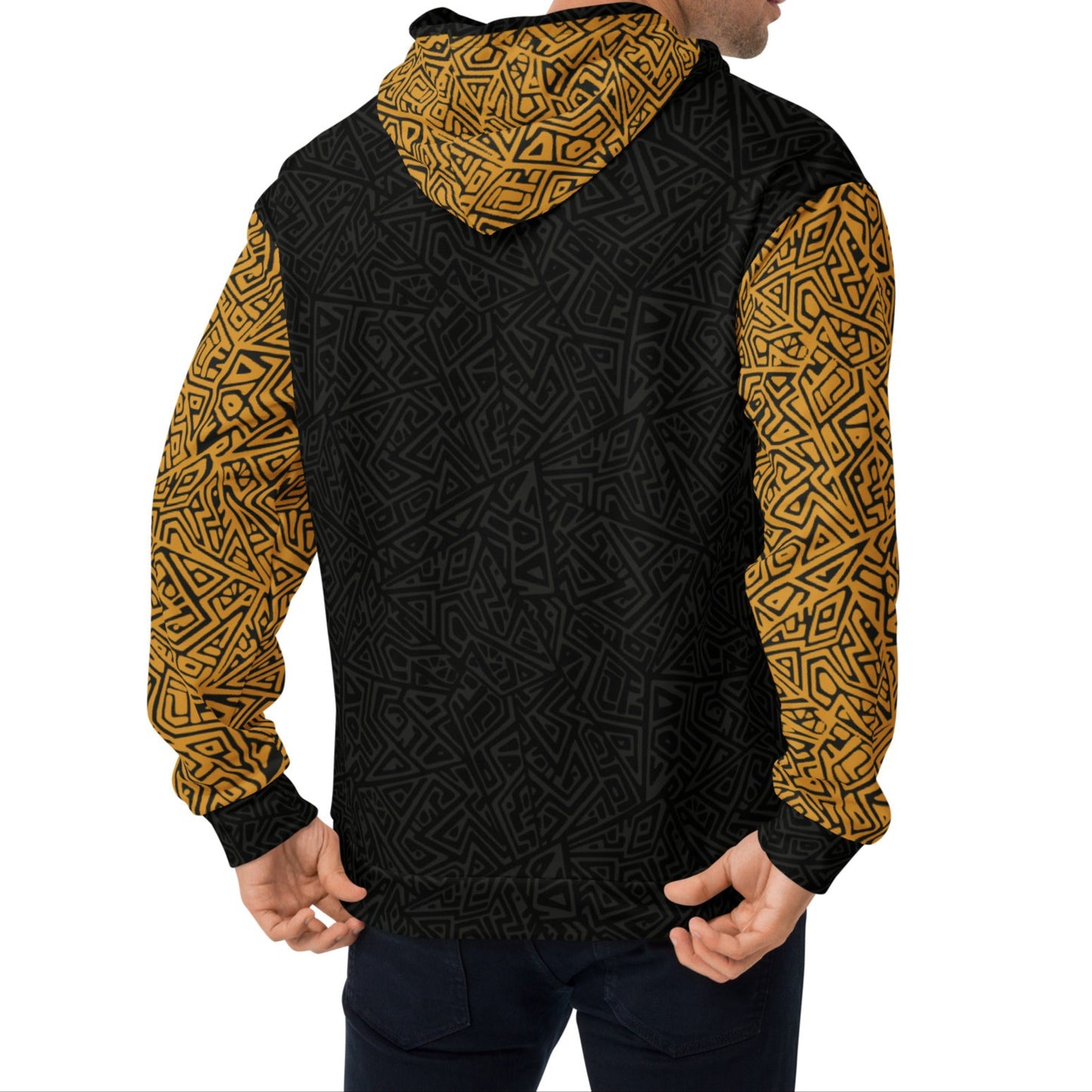 Geo Mazing pattern, black body, gold sleaves, texture ovlaying all parts with contrasting color. Backside