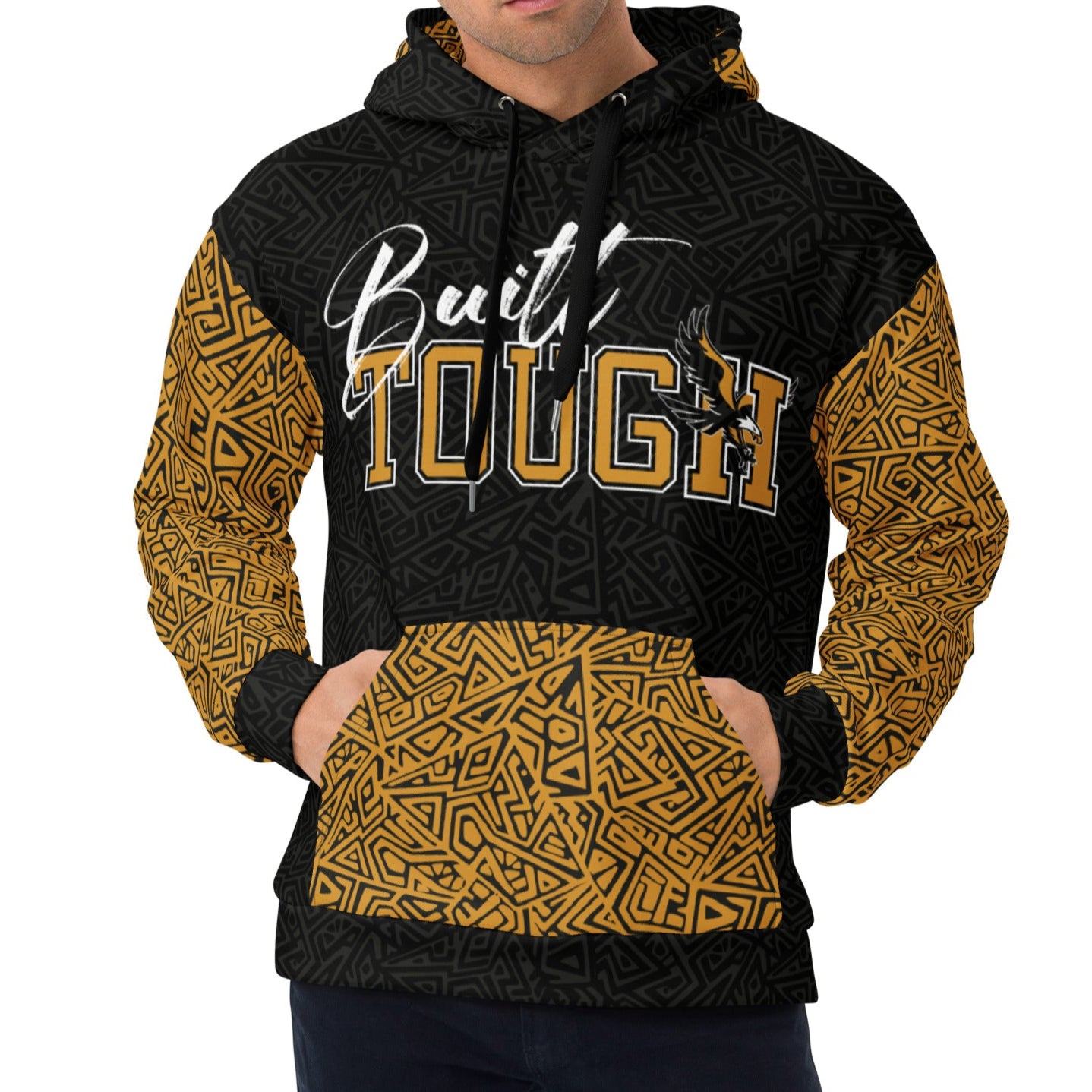 Built Tough Logo, Geo Mazing pattern, black body, gold hoodie pocket, gold sleaves, texture ovlaying all parts with contrasting color.