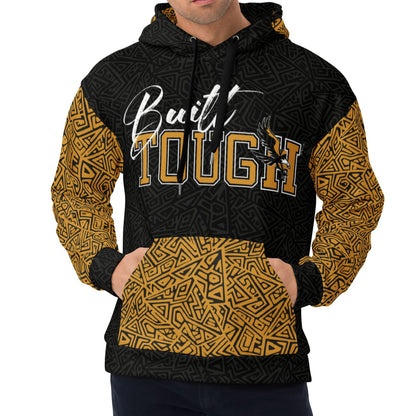 Built Tough Logo, Geo Mazing pattern, black body, gold hoodie pocket, gold sleaves, texture ovlaying all parts with contrasting color.